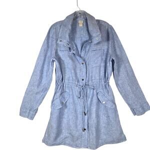 Chicos Chambray Linen Tunic Dress Drawstring Cover up Blue Mini Dress  #915